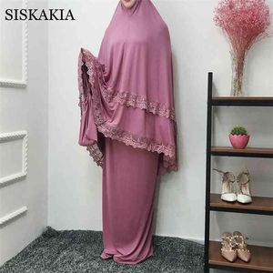 Ramadan Moslim Khimar Prayer Outfit Solid Plus Size Dubai Arabisch Turkse Abaya Jurk Set Eid Mubarak Islamitische kleding voor vrouwen 210517