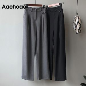 Aachoee Color Sólido Mulheres Escritório Desgaste Largo Pant Calças Alto Cintura Longa Calças Plissadas Feminino Casual Casual Solto Calça Reta 210413