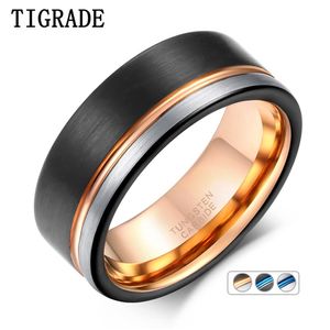 TIGRADE Ring Men Tungsten Black Rose Gold Line Brushed 6/8mm Wedding Band Engagement Men's Party Jewelry Bague Homme 210610