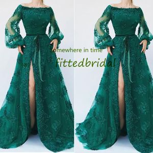 2020 Зеленые кружева Линия Платья выпускного вечера Сексуальная Африканская Знаменитость Коктейль Платье для вечеринки Турецкая Исламская Боковая Сплит Вечерние платья