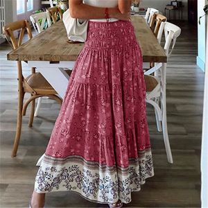 Bohemian Women Summer Skirt Casual Shrinkage Elastic High Waist Print Holiday Long Skirt Vintage Floral A-line Maxi Skirt Female 210507