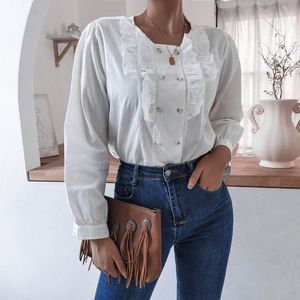 Outono Inverno Ruffles Lace Dupla Camisa Breasted Blusa Manga Longa Camisa Branca Blusa Tops para Mulheres Vintage Roupas Mulheres 210514