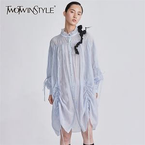 Loose Drawstring See Through Dress For Women Stand Collar Long Sleeve Mini Casual Dresses Female Fashion 210520