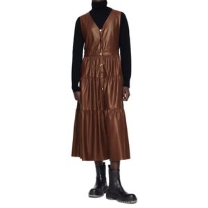 Vintage Woman Long PU Vest Dress Fashion Ladies Autumn V Neck sleeveless Dresses Female Chic Draped High waist 210515