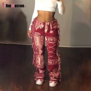 Vintage Side Tassels Patchwork randig tryck Jogger Pant Women Rave Festival Clothing Casual Streetwear Bodycon Sweat Pants 220217