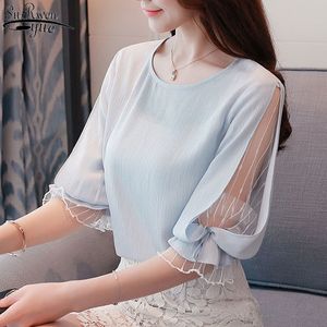 Fashion Chiffon Women's Clothing Summer Half Sleeve Light Blue Women Shirt Blouse Sweet O-neck Tops Blusas D740 30 210427