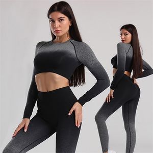 Yoga conjunto feminino esportes terno mulheres sportswear colheita top outfit fitness atlético desgaste ginásio sem costura cor treino roupas para menina 210802