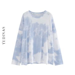 Yedinas Autumn T Shirt For Women Cotton Harajuku Long Sleeve O Neck Loose ie Dye Streetwear ops Ladies 210527