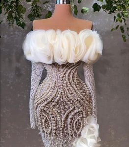 Evening dress Women cloth White Pearls Puffy sleeve Flower Appliques Long Off shoulder Mermaid Floor length Yousef aljasmi Kim kardashian Kylie jenner Kendal