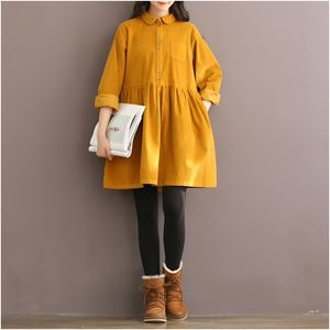 Spring High Quality Vintage Velvet Ribbed Women Dress Long Sleeve Mori Girl Yellow Red Autumn Winter Shirt Dresses 664i3 210420