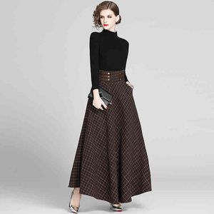 Höst vinter två styck kvinnor turtleneck svart stickad pullover tröja + bandage lace-up plaid ull maxi kjol set 210416