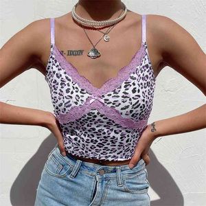 Patcwhork Lace Leopard Spaghetti Strap Top Sleeveless 90s Crop Top Tee Frill Sexy Cami Top Summer Streetwear 210518