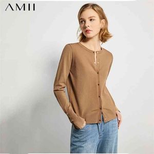 Minimalizm Jesień Przyczynowe Kobiety Dzianiny Sweter Solid Oneck Pełny Rękaw Single-Breasted Female Coat 12040871 210527