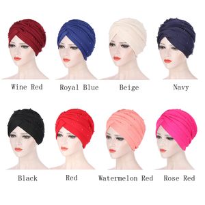 2021 Turban Muslim Women Hijab Head Scarf Beads Chemo Cap Hair Loss Cancer Bonnet Headwear Beanie Hat Islamic Cover Solid Color