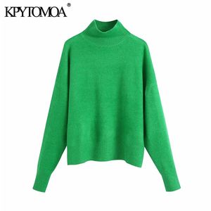 KPYTOMOA Kvinnor Mode Soft Touch Loose Stickad Sweater Vintage High Neck Långärmad Kvinna Pullovers Chic Toppar 210922