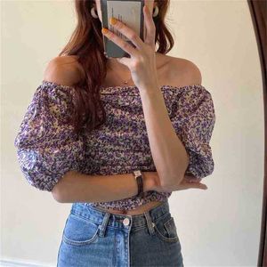 Summer Slash Neck Vintage Shirts Female Floral Printing Loose Tops Fashion All Match Streetwear Blouses 210525