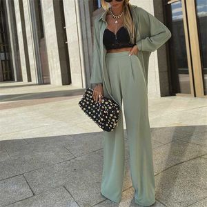 Dorywczo z długim rękawem Tshirt i spodnie Dwuczęściowe Zestaw Kobiety Jesień Zima Femme Elegancka Solidna Pełna Długość Pant Coat Suit Sets 211105