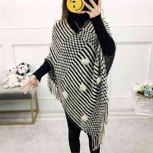 Autumn And Winter Women's Shawl Fringed Plus Size Knitted Cape Bat Shirt Blouse Female Korean Air Conditioning 210427