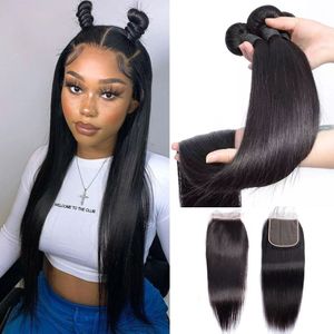 2 pacotes com fecho de renda 4x4 16 polegadas cabelo brasileiro tecer cabelo humano remy straight