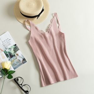 Spring Hook Flower Lace Solid Stitching V-neck Camis Female Knitted Short Section Slim Outer Wear Shirt Trend Tank Tops 210522