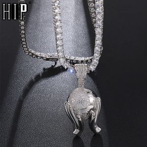 Hip Hop AAA Zirkon Iced Out Bling CZ Hand Halten Erde Anhänger Halsketten Für Männer Rapper Schmuck Mit Tennis Kette x0509