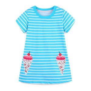 Jumping Metrów Sukierek Dla Baby Girls Summer Sukienki Bawełniane Stripe Haft Piękne ubrania dla dzieci Dress 210529