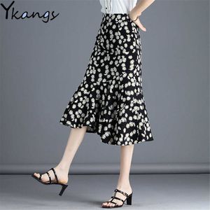 Chiffon Polka Dot Medium Mermaid Long Skirt Women Casual Spring Summer Female High Waist Printing Black White Skirts 210619