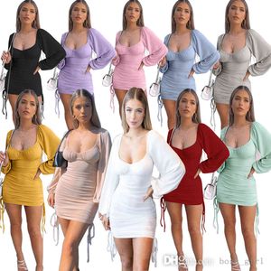 Women Dress Designer Slim Sexig Solid Color Rib DrawString Pleated Button Långärmning Kort klänningar Damer Hip Skirt 10 färger