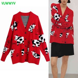 Red Animal Print Knitted Oversized Cardigan Woman Sweaters Ribbed Front Button Sweater Women Long Sleeve Plus Size Coats 210430