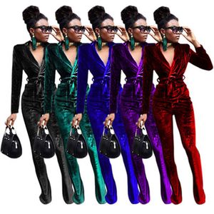 Women Blazers Korean Velvet Tracksuits Fashion V-neck Bandage Tops Speaker Pant Casual Outfits Designer Female Winter Velvets Two Piece Sets