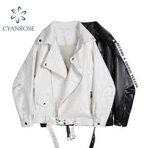 Autumn Winter Women Pu Leather Motorcycle Jacket Female With Belt Solid Color Jackets Ladys Loose Zipper Rivet Outerwear 210417