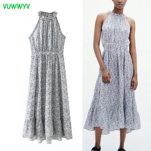 Vuwwwyv Vintage Kwiatowy Drukuj Wzburzyć Kobieta Sukienka Lato Chic Plised Długie Kobiety Elastyczna Talia Halter Neck Vestidos 210430