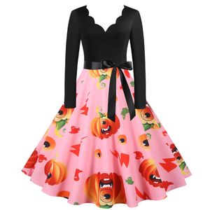 Wholesale v halloween costume resale online - Halloween Costume Dress For Women Long Sleeve V neck Pumpkin Print Vintage Elegant Party Dresses Casual Plus Size Winter Clothes
