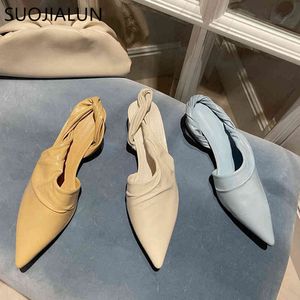 Suojialun Kvinnor Pekade Toe Slingback Sandaler Square Low Heel Brand Pleated Mule Shoes 2021 Spring Slip on Party Dress Pumps C0330