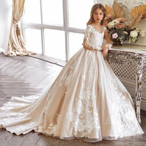 Graceful a Line Lace Flower Girl Dresses para casamento de mangas compridas Criança vestido de concurso de tule tulle Sweep First Communion Dress 415