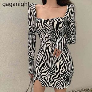 Spring Sexy Package Hip Slim Dress Women Zebra Striped Long Sleeve Square Collar Bodycon es Mini Party 210601