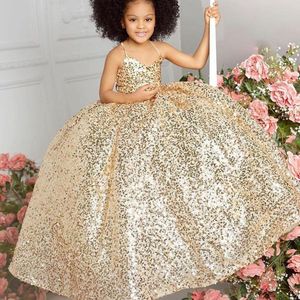 Piękny Glitter Flower Girls Sukienka Spaghetti Sekretna Suknia Balowa Dzieci Urodziny Party Dresses Kids Wedding Prom Formalne zużycie