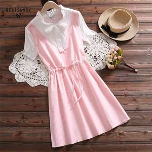 Опрятный стиль летние женщины платья лоскутное розовый синий лук школа девочки униформа элегантный с коротким рукавом Kawaii Striped 210520