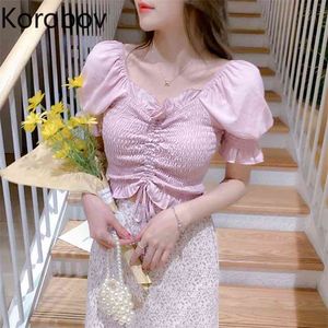 Korobov Summer V Neck Puff Sleeve Crop Top Shirts and High Waist A-Line Skirts 2 Pieces Sets Korean Sweet Chic Suits 210430