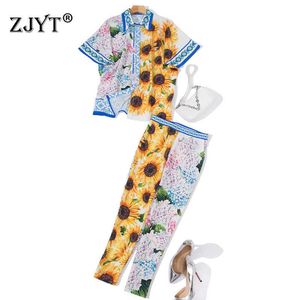 Женская летняя мода взлетно-посадочная полоса 2 частей набор дизайнер цвет блока цветочные печать Свободная рубашка и брюки костюма праздник Twinset 210601