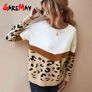 Leopard djurtryck patchwork höst vinter damer stickad tröja kvinnor o-neck full ärm jumper pullovers topp khaki 210428