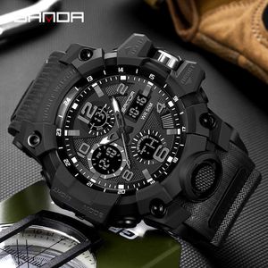 Sanda Brand Sports Military Men's Watches Dual Display Quartz Watch Men Military Waterproof Wristwatch Shock Digital Clock 6021 Q0524