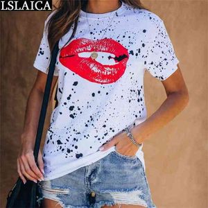 T-shirt da donna T-shirt con stampa labbra girocollo bianca Casual Office Wild Streetwear Night Club Party Donna T-shirt Primavera estate 210515