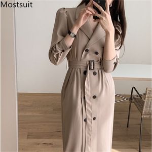 Douoble-breasted Korean Belted Suit Dress Women Autumn Notched Collar Long Sleeve Ol Style Elegant Ladies Dresses Vestidos 210513