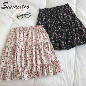 Summer Mini Pleated Skirt Women Korean Style White Black Floral Chiffon High Waist Sun School Shorts Female 210421