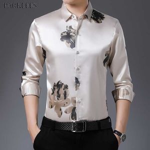 Stylish Floral Print Satin Shirt Men Spring Casual Smooth Mens Dress Shirts Casual Button Down Social Shirt Chemise 4XL 210522