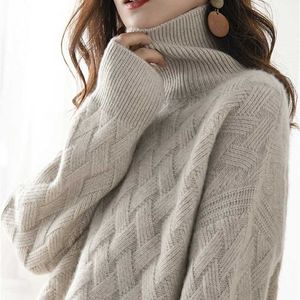 Autumn and winter turtleneck cashmere sweater woman style languid breeze loose thick pullover underlay wool sweater 211215