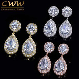 Classic Stunning Cubic Zirconia Stone Women Party Jewelry Rose Gold Color Big Pear Drop Earrings Gift CZ180 210714