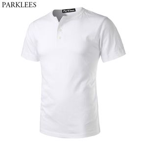 Kortärmad tungvikts Basic 3-knapps Henley-tröja för män Märke Slim Fit V-ringad T-shirt i tjock bomull Homme Vit 210522