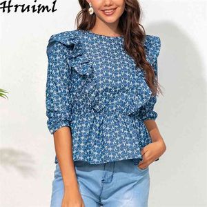 Woman Clothes 3/4 Sleeve Ruffles Fashion Casual Blouses Office Party Club Plus Size Women Tops Back Button Design 210513